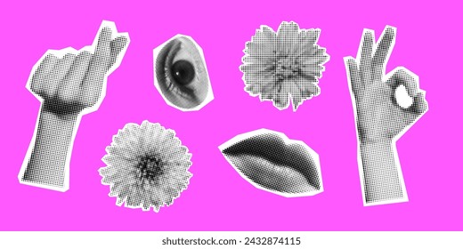 Vector spring set of retro halftone flowers, hands, lips and eye. Halftone collage floral elements. Torn paper. Trendy pop collection. Paper cutout human parts and flowers on pink background.