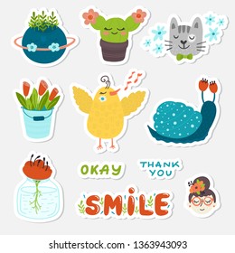 Vector Spring set sticker kit, hand drawn elements- calligraphy, flowers, bird, planet, tulips, cat, cactus and other. Perfect for web, card, poster, cover, tag, invitation.