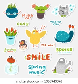 Vector Spring set sticker kit, hand drawn elements- calligraphy, flowers, bird, planet, tulips, cat, cactus and other. Perfect for web, card, poster, cover, tag, invitation.