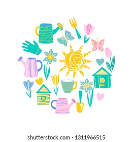 vector spring shovel rake watering can glove garden tools gardening nesting box cute childish cartoon illustration