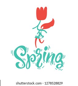 Vector spring sign, emblem with hand drawn lettering and flowers on on white background. Dancing girl vector illustration. For poster, banner, card design
