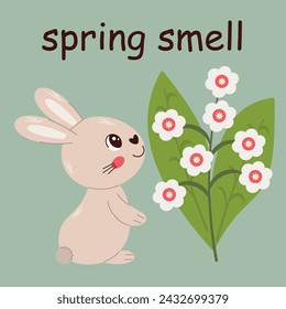 Vector Spring smell A bunny and a lily of the valley Positive phrases for card sticker