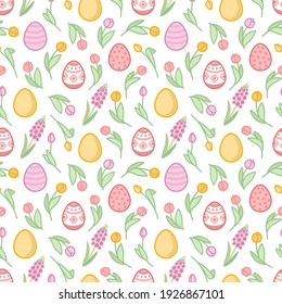 Vector spring square illustration with flowers and eggs. Seamless cute pattern on the theme of Happy Easter.