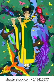 Vector spring or summer abstract background with china girl sitting on the branch and playing the flute and different birds listening the music.