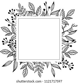 Vector Spring and summer floral beautiful border. Flower frame for your design. An elegant invitation. Vector illustration. Hand draw black and white square fame.