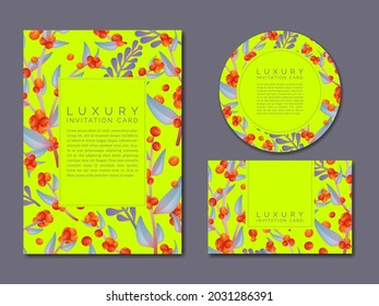 Tarjeta de invitación o afiche del patrón de dibujo floral de verano o primavera vectorial. Neon Green y Vibrante Naranja y Rojo.