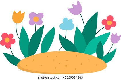 Vector spring or summer flower bed icon. Blooming plants illustration. Floral clip art. Cute flat floral bed or clearing isolated on white background.