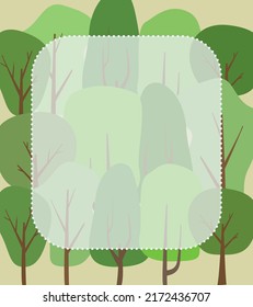 Vector spring or summer illustration background with green tree forest doodle style and transparent frame
