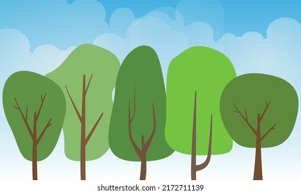 Vector spring or summer illustration background with green tree forest doodle style and blue sky