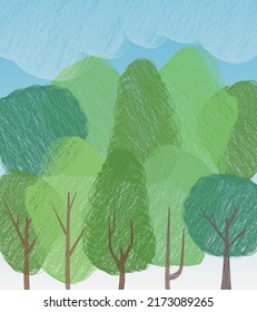 Vector spring or summer illustration background with green tree forest sketch doodle style and blue sky