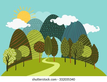 Vector spring or summer landscape background. Road in the forest, mountains, hills, green trees, clouds and sun on the sky. Hand drawn doodle illustration of nature.