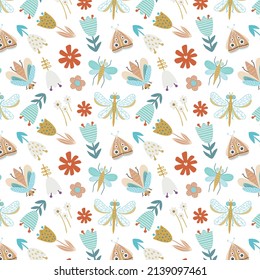 Vector spring or summer pattern for fabric, stationery and paper. A lot of flowers and insects on a white backgroud