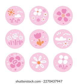 Vector spring and summer round stickers with flowers, sun and clouds in hand drawn style