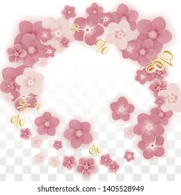 Vector Spring or Summer Sale Background with Flowers and Percent for  Flyer Design. Good for Special Hot Holiday Discount Offer, Black Friday, Fashion Promotion Action. Romantic Sakura Illustration