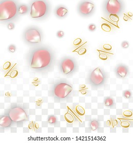 Vector Spring or Summer Sale Background with Petals and Percent for  Flyer Design. Good for Special Hot Holiday Discount Offer, Black Friday, Fashion Promotion Action. Romantic Sakura Illustration