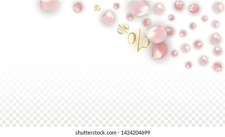 Vector Spring or Summer Sale Background with Petals and Percent for  Poster Design. Good for Special Hot Holiday Discount Offer, Black Friday, Fashion Promotion Action. Romantic Sakura Illustration