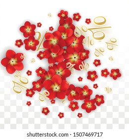 Vector Spring or Summer Sale Background with Flowers and Percent for  Flyer Design. Good for Special Hot Holiday Discount Offer, Black Friday, Fashion Promotion Action. Romantic Rose Illustration.