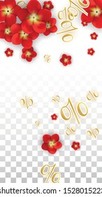 Vector Spring or Summer Sale Background with Flowers and Percent for  Cards Design. Good for Special Hot Holiday Discount Offer, Black Friday, Fashion Promotion Action. Romantic Rose Illustration.