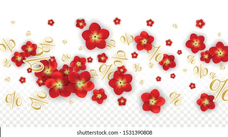 Vector Spring or Summer Sale Background with Flowers and Percent for  Layout Design. Good for Special Hot Holiday Discount Offer, Black Friday, Fashion Promotion Action. Romantic Rose Illustration.