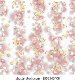 Vector Spring or Summer Sale Background with Petals and Percent for  Layout Design. Good for Special Hot Holiday Discount Offer, Black Friday, Fashion Promotion Action. Romantic Sakura Illustration
