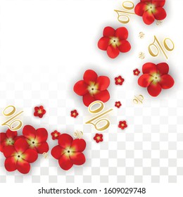 Vector Spring or Summer Sale Background with Flowers and Percent for  Layout Design. Good for Special Hot Holiday Discount Offer, Black Friday, Fashion Promotion Action. Romantic Rose Illustration.
