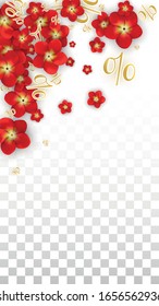 Vector Spring or Summer Sale Background with Flowers and Percent for  Layout Design. Good for Special Hot Holiday Discount Offer, Black Friday, Fashion Promotion Action. Romantic Rose Illustration.