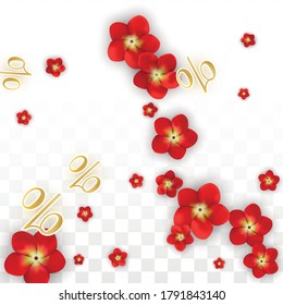 Fondo de ventas de verano o primavera vectorial con flores y porcentaje para el diseño de plantillas. Oferta Especial de Descuento de Vacaciones Calientes, Viernes Negro, Acción de Promoción de Moda. Ilustración Romántica de Rosas.