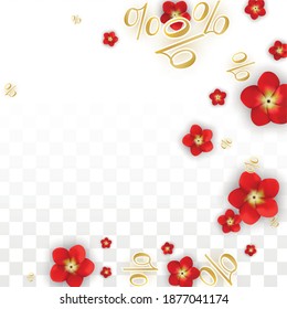Vector Spring or Summer Sale Background with Flowers and Percent for  Flyer Design. Good for Special Hot Holiday Discount Offer, Black Friday, Fashion Promotion Action. Romantic Rose Illustration.