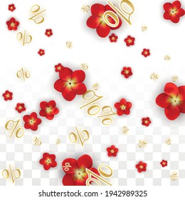 Vector Spring or Summer Sale Background with Flowers and Percent for  Cards Design. Good for Special Hot Holiday Discount Offer, Black Friday, Fashion Promotion Action. Romantic Rose Illustration.