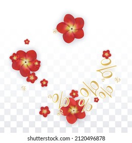 Vector Spring or Summer Sale Background with Flowers and Percent for  Cards Design. Good for Special Hot Holiday Discount Offer, Black Friday, Fashion Promotion Action. Romantic Rose Illustration.