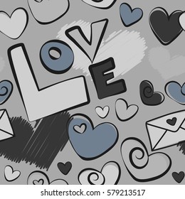 Vector spring summer time, nature in bloom, holiday motif on a gray background allover print. Gentle romantic seamless hearts and letter ditsy pattern.