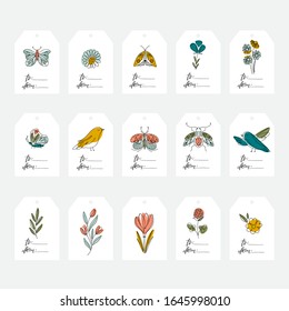 Vector Spring tags and cards with flowers, insects,birds. Line art style, gift tag