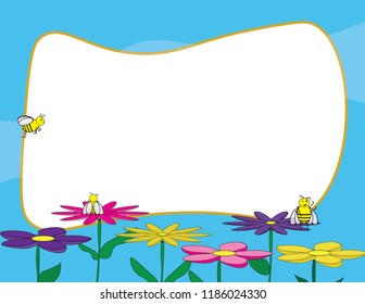 Vector spring template. Cute bees on colorful flowers with white background for text