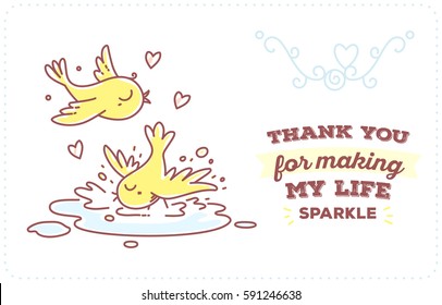 Vector spring template with illustration of romantic two birds splashing in the water with inscription. Flat line art style bird for print, web, site, gift card, romantic banner, greeting card