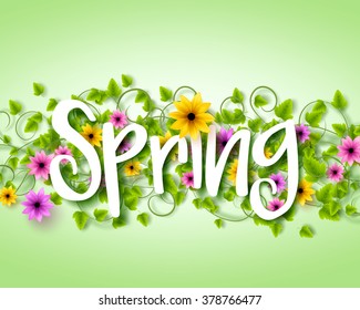 Vector Spring Text Design with Colorful Realistic Elements like Flowers and Vines in the Background. Vector Illustration
