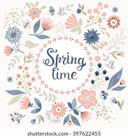 Vector spring time background with spring flowers, leaves and butterflies. Handwritten lettering in round frame. Vector floral card template.