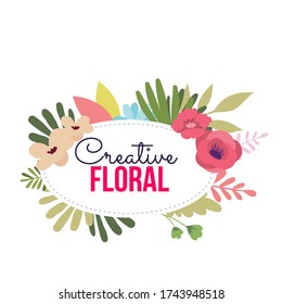 Vector spring time illustration of floral beautiful template with flower and leaves around frame on white background with text. Flat style design of flower poster, greeting card, spring season sale