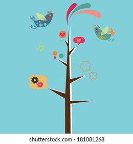 Vector spring tree. Vector tree with funny birds on blue background