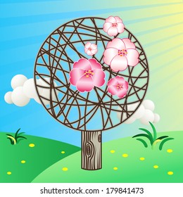 Vector spring tree with pink flowers on the light blue background