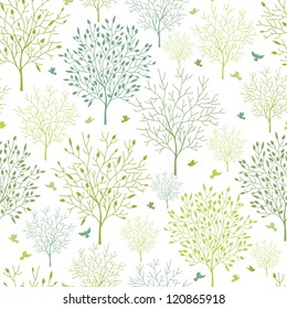 Vector spring trees seamless pattern background with floral elements.