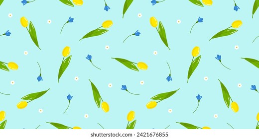 Vector spring tulips flower seamless pattern. Springtime yellow tulips on blue background. Floral wallpaper, print, textile, fabric, wrapping