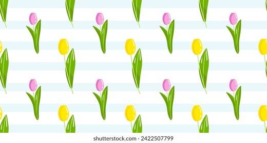 Vector spring tulips flower seamless pattern. Springtime yellow and pink tulips on blue line background. Floral wallpaper, print, textile, fabric, wrapping.