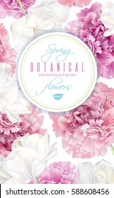 Vector spring vertical banner with pink peony and white tulip flowers on white background. Spring design for cosmetics, perfume, health care products. Can be used as greeting card, wedding invitation 