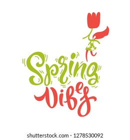 Vector Spring Vibes sign, emblem with hand drawn lettering and flowers on white background. Dancing girls vector illustration. For poster, banner, card design