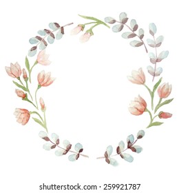 Vector spring watercolor wreath with pink snowdrop, leaves and sprouts. Template for wedding invitation and save the date cards.  