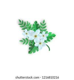 Vector spring white flowers with leaves pattern. Beautiful apple tree or cherry blooming floral for romantic decoration wedding marriage or dating card vintage design. Gentle summer plant illustration