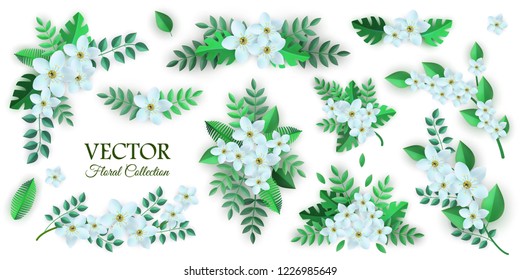 Vector spring white flowers with leaves pattern collection. Beautiful apple tree or cherry blooming floral for romantic decoration wedding marriage or dating card vintage design. Gentle illustration