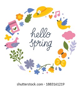 Vector spring wreath with hello spring lettering and seasonal elements: birds, flowers, leaves, butterflies and other