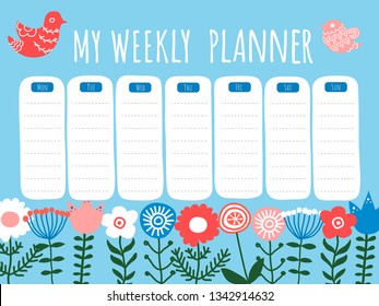 Vector springtime ethnic floral hand drawn weekly planner, schedule template. 
