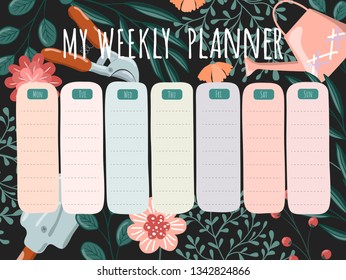 Vector springtime floral hand drawn weekly planner, schedule template. 